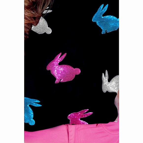 Easter Black T-Shirt Embellished with Pink, Blue & Silver Sequin Easter Bunnies - Picture 3 of 5
